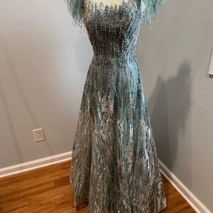 LARA Teal and Silver Embellished Prom Dress